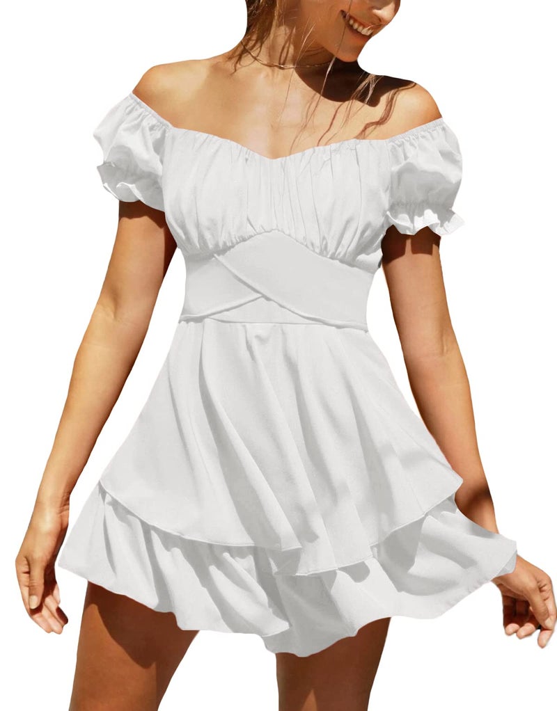 LYANER Women's Tie Back Off Shoulder Wrap Layer Ruffle Short Sleeve Mini Dress White X-Small - Image 1