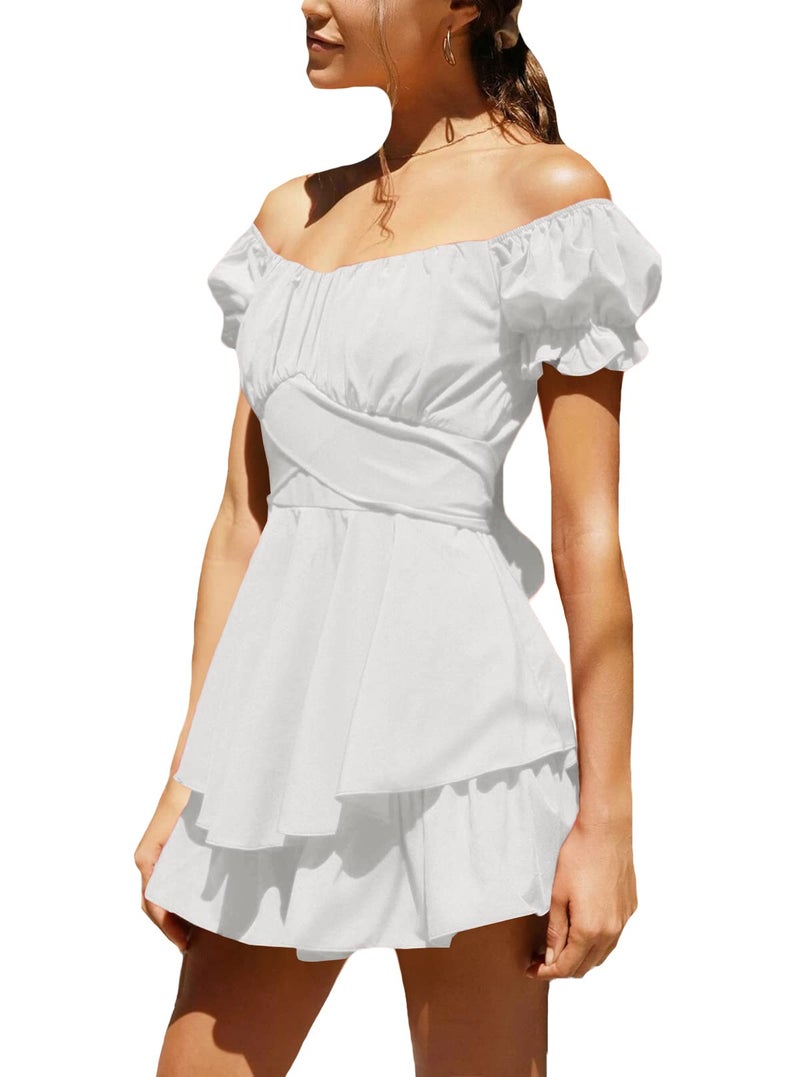 LYANER Women's Tie Back Off Shoulder Wrap Layer Ruffle Short Sleeve Mini Dress White X-Small - Image 3