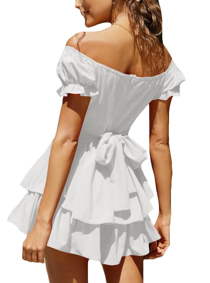 LYANER Women's Tie Back Off Shoulder Wrap Layer Ruffle Short Sleeve Mini Dress White X-Small - Image 2