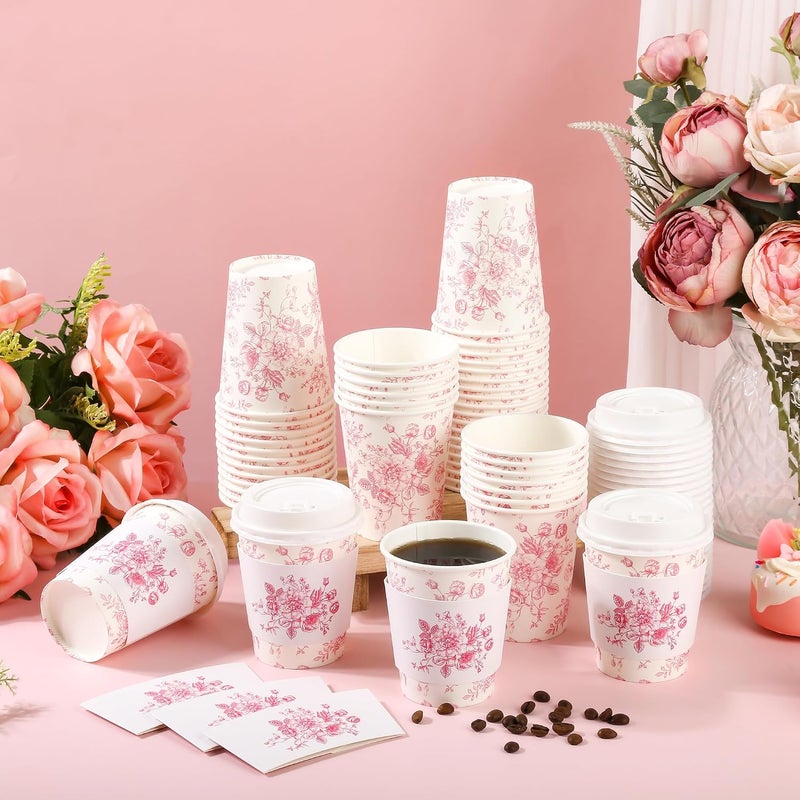 Elyxio 50 Pack Pink Floral Disposable Coffee Cups with Lids and Sleeves 8oz Chinoiserie Pink White Botanical Paper Drinking Cups for Hot Cold Beverages Birthday Wedding Baby Shower Party Supplies - Image 5