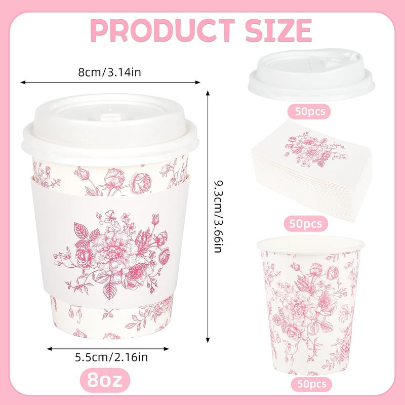 Elyxio 50 Pack Pink Floral Disposable Coffee Cups with Lids and Sleeves 8oz Chinoiserie Pink White Botanical Paper Drinking Cups for Hot Cold Beverages Birthday Wedding Baby Shower Party Supplies - Image 2