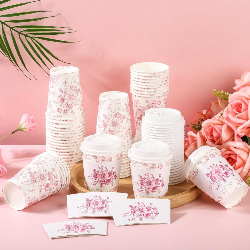 Elyxio 50 Pack Pink Floral Disposable Coffee Cups with Lids and Sleeves 8oz Chinoiserie Pink White Botanical Paper Drinking Cups for Hot Cold Beverages Birthday Wedding Baby Shower Party Supplies - Image 4