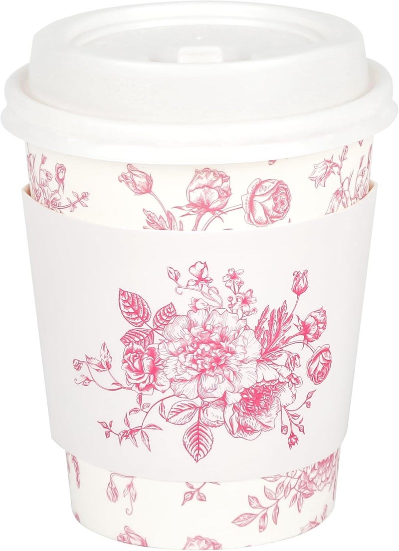 Elyxio 50 Pack Pink Floral Disposable Coffee Cups with Lids and Sleeves 8oz Chinoiserie Pink White Botanical Paper Drinking Cups for Hot Cold Beverages Birthday Wedding Baby Shower Party Supplies - Image 1