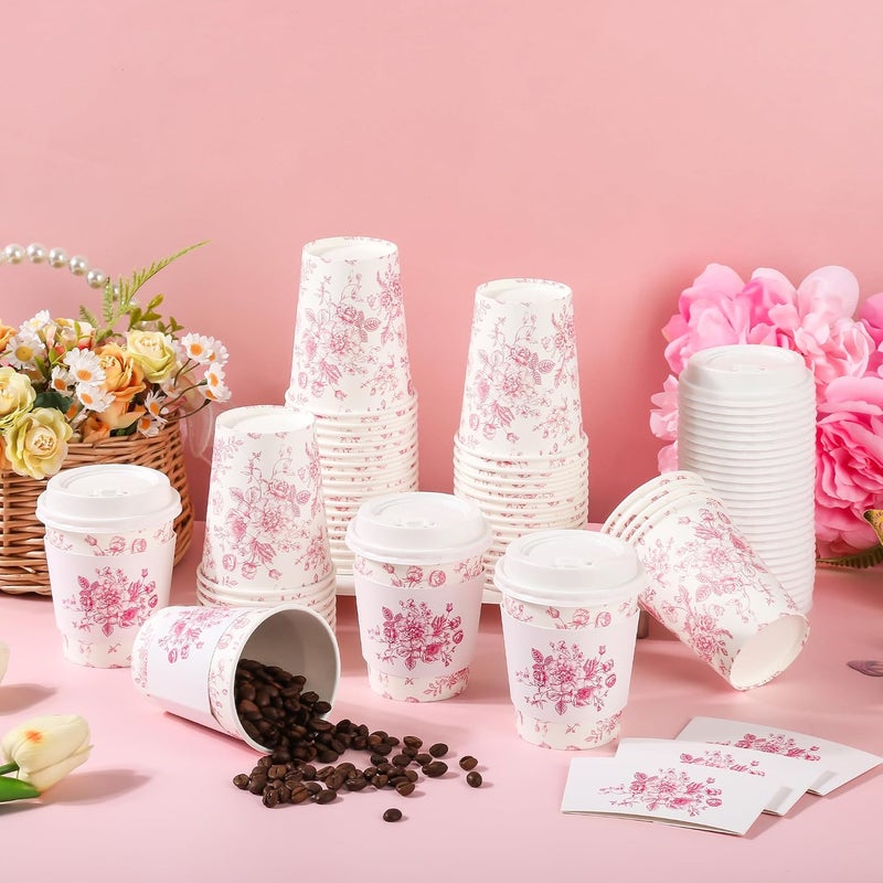 Elyxio 50 Pack Pink Floral Disposable Coffee Cups with Lids and Sleeves 8oz Chinoiserie Pink White Botanical Paper Drinking Cups for Hot Cold Beverages Birthday Wedding Baby Shower Party Supplies - Image 3