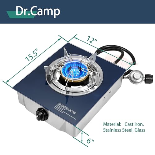 Dr.Camp Propane Gas Stove 12000 BTU Single Burner Glass Top Outdoor Camping Stove with CSA Listed Regulator and Gas Hose - Image 3