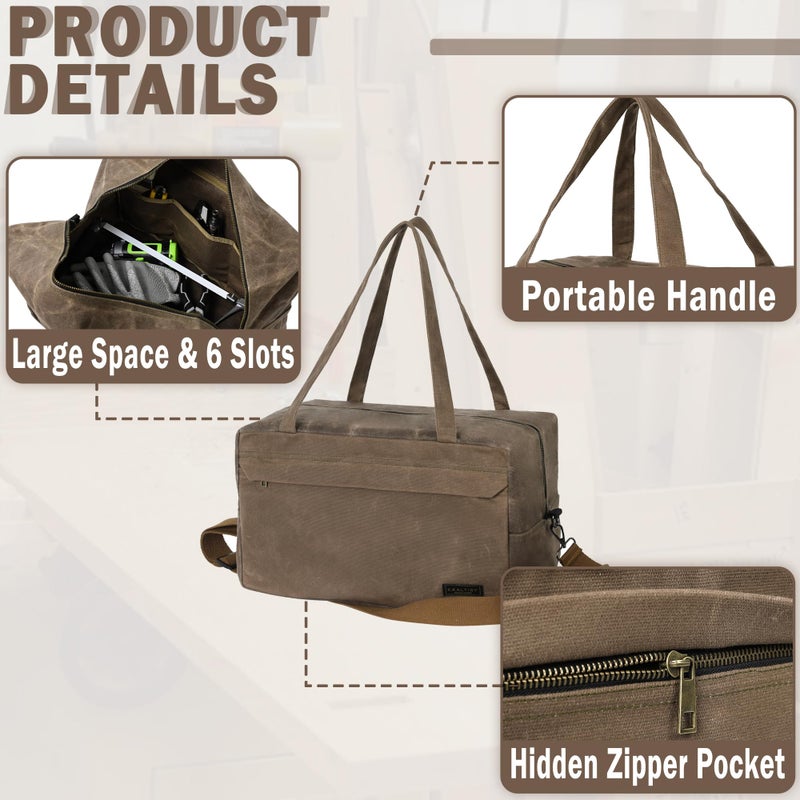 Kaaltisy Canvas Tool Organizer Bag, Heavy Duty 16oz Waxed Canvas Garden Hand Tools Tote - with 6 Inside Slots & 1 Large Storage Capacity, Hand Tools Bag for Gardening Carpentry Tools | 15.5" x 9" x 9" - Image 4