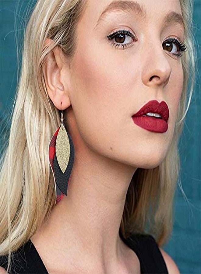 INENIMARTJ 3 Pieces Christmas Plaid Leather Earrings Bracelet Set, Handmade Lightweight Christmas Buffalo Plaid Bracelet Christmas Stocking Stuffers for Women (C-black + red + gold) - Image 2