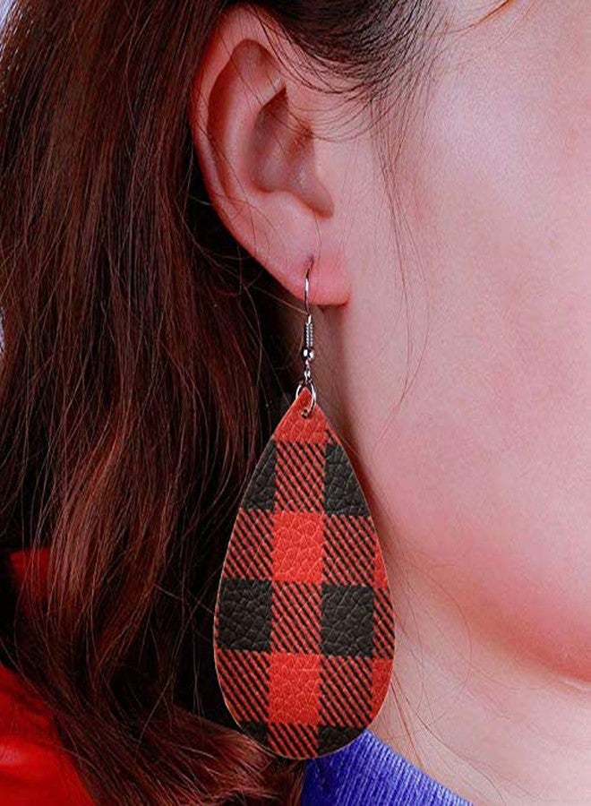 INENIMARTJ 3 Pieces Christmas Plaid Leather Earrings Bracelet Set, Handmade Lightweight Christmas Buffalo Plaid Bracelet Christmas Stocking Stuffers for Women (C-black + red + gold) - Image 3