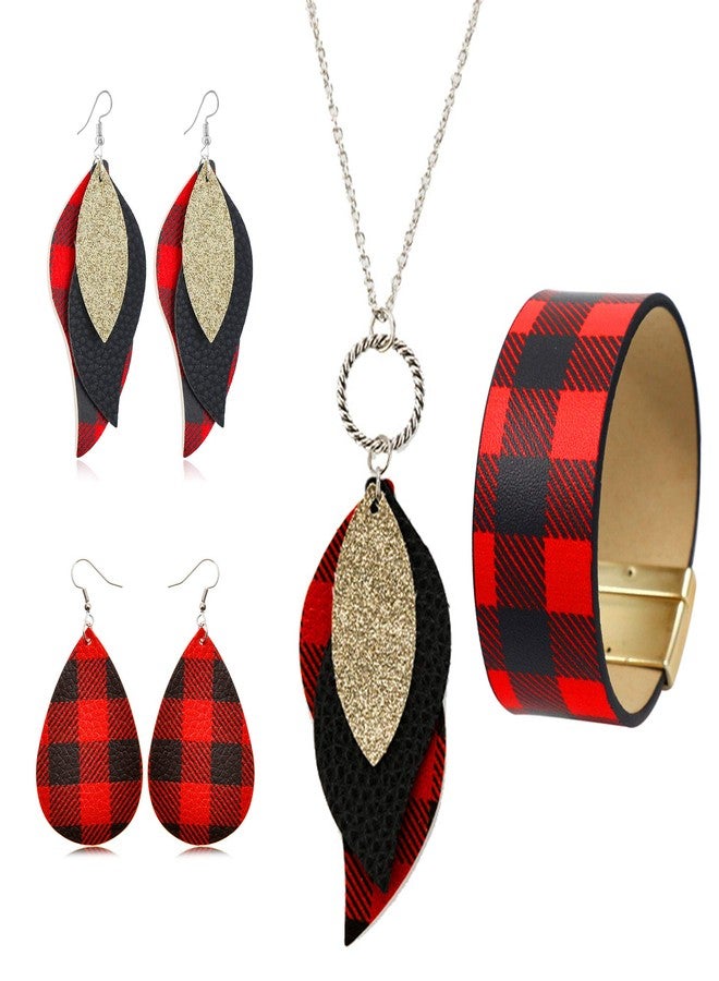 INENIMARTJ 3 Pieces Christmas Plaid Leather Earrings Bracelet Set, Handmade Lightweight Christmas Buffalo Plaid Bracelet Christmas Stocking Stuffers for Women (C-black + red + gold) - Image 1