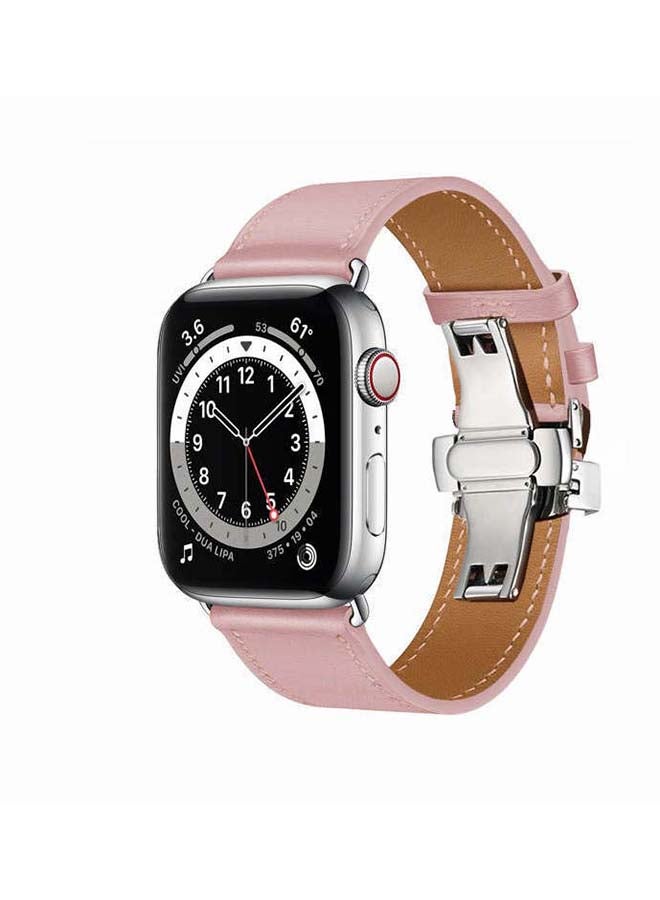 Perfii Genuine Leather Replacement Band with Silver Buckle for Apple Watch Series 6/SE/5/4/3/2/1 44/42mm Pink - Image 2