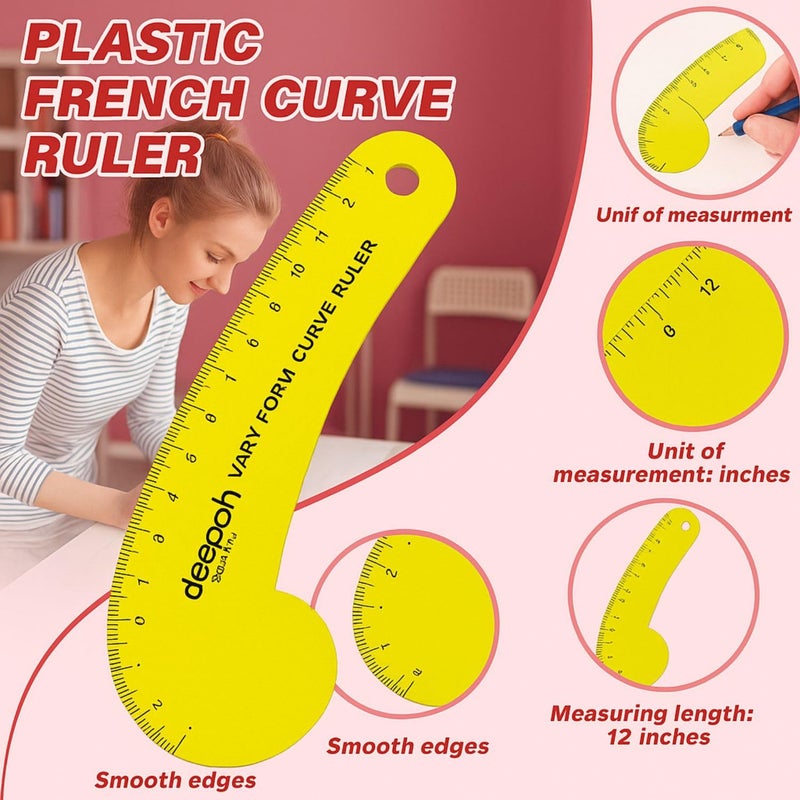 LECRAFT Deedek Curve Ruler Set, Vary Form Ruler and French Curve, 3-Piece Measuring Tools, Yellow - Image 3