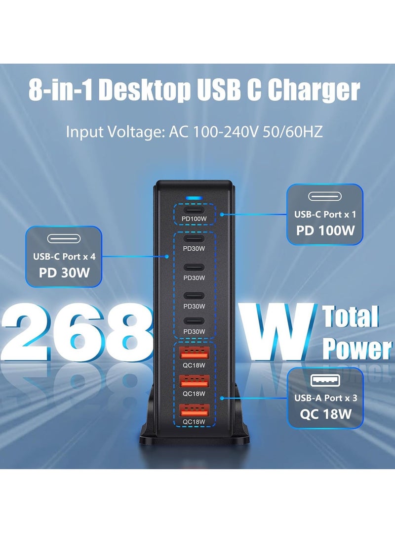 Generic - 268W GaN USB-C Charging Station with 8 Ports, High-Power Desktop Charger for Multi-Device Fast Charging, 100W PD0 Output for MacBook Pro, iPhone, Galaxy, and More, Ideal for Travel and Home Use - Image 1