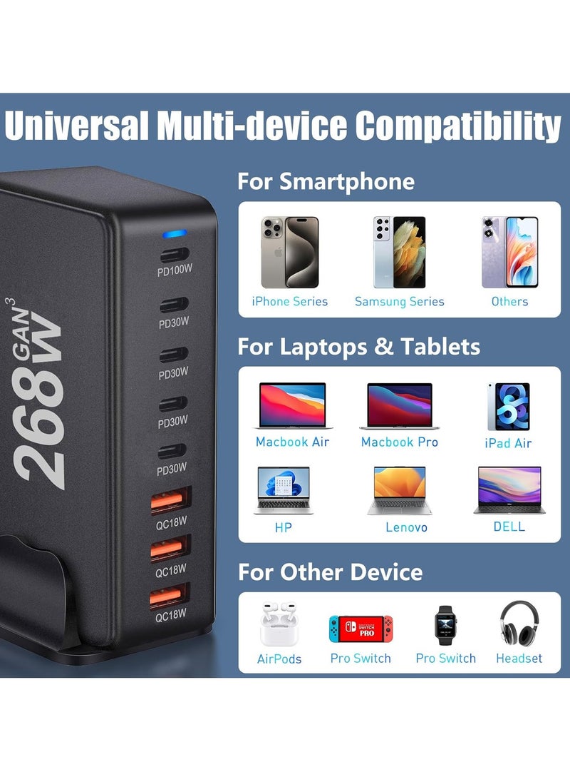 Generic - 268W GaN USB-C Charging Station with 8 Ports, High-Power Desktop Charger for Multi-Device Fast Charging, 100W PD0 Output for MacBook Pro, iPhone, Galaxy, and More, Ideal for Travel and Home Use - Image 1