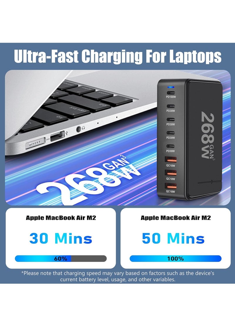 Generic - 268W GaN USB-C Charging Station with 8 Ports, High-Power Desktop Charger for Multi-Device Fast Charging, 100W PD0 Output for MacBook Pro, iPhone, Galaxy, and More, Ideal for Travel and Home Use - Image 1