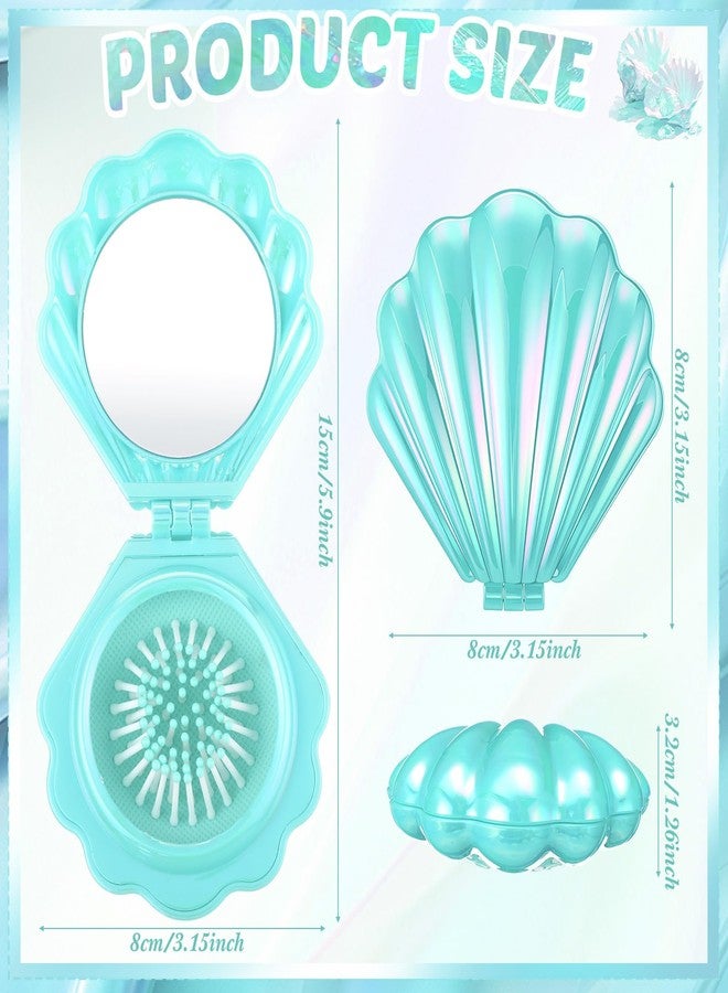 Meanplan فرشاة شعر سفر قابلة للطي 12 قطعة مع مرآة شكل صدفة مدمجة لنساء وفتيات هدايا حفل زفاف لوازم الحفلات (سماوي) - Image 4