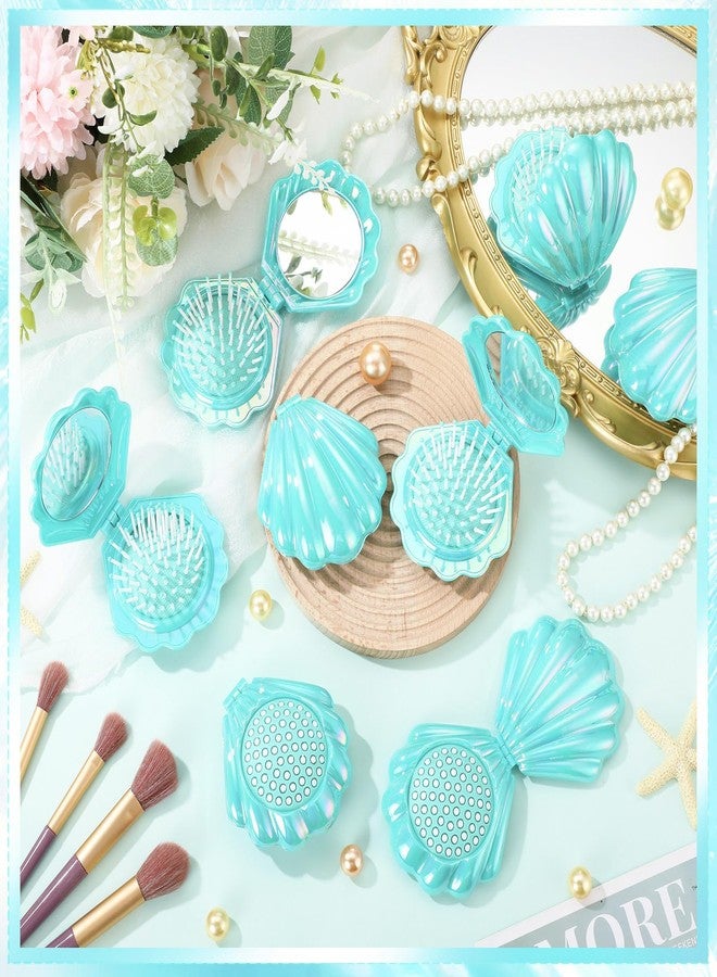 Meanplan فرشاة شعر سفر قابلة للطي 12 قطعة مع مرآة شكل صدفة مدمجة لنساء وفتيات هدايا حفل زفاف لوازم الحفلات (سماوي) - Image 3