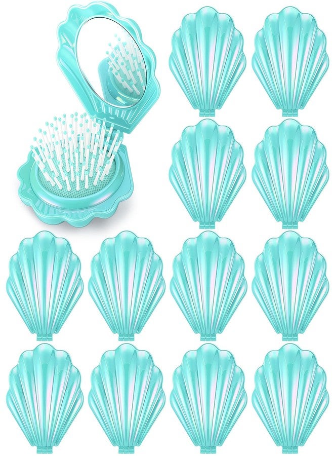 Meanplan فرشاة شعر سفر قابلة للطي 12 قطعة مع مرآة شكل صدفة مدمجة لنساء وفتيات هدايا حفل زفاف لوازم الحفلات (سماوي) - Image 1