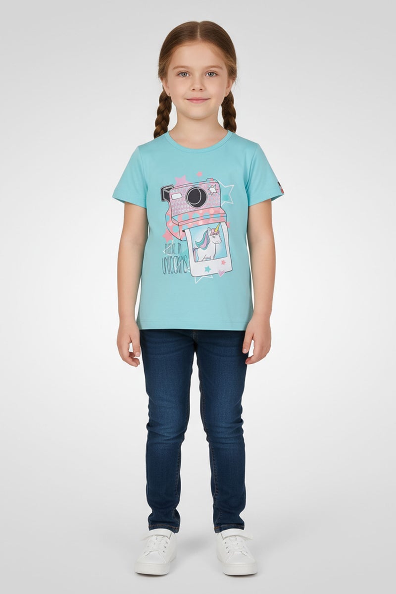 Hamleys Toddlers Girl Crew Neck Short Sleeve Graphic Print T-Shirt, Mint Blue - Image 1