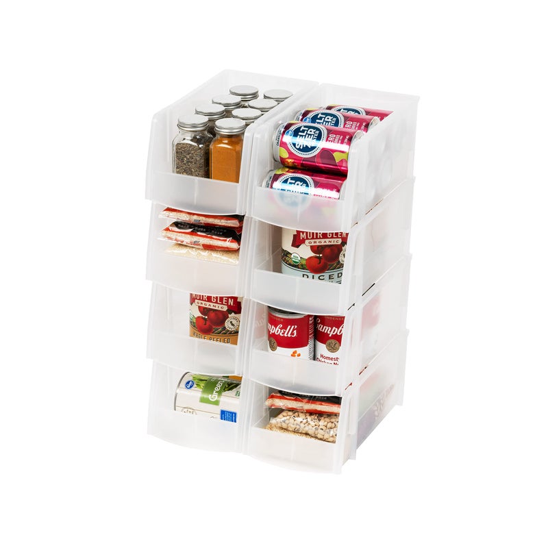 IRIS USA Clear Plastic Stackable Storage Bins Medium  8 Pack Open Front Fridge Pantry Kitchen Closet Cabinet Bathroom Organizer Basket for Organizing Snack Cans Office Supplies and Coffee Pods