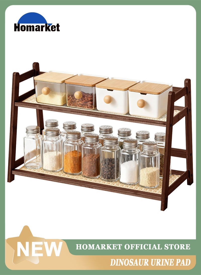 هومار كيت منظم لمحطة القهوة بمظهر خوص من طبقتين، حامل أكواب من الخيزران على سطح الطاولة، رف لطاولة المطبخ لإكسسوارات بار الشاي والقهوة، حامل ماتشا، عرض الأكواب، رف تخزين التوابل - Image 2