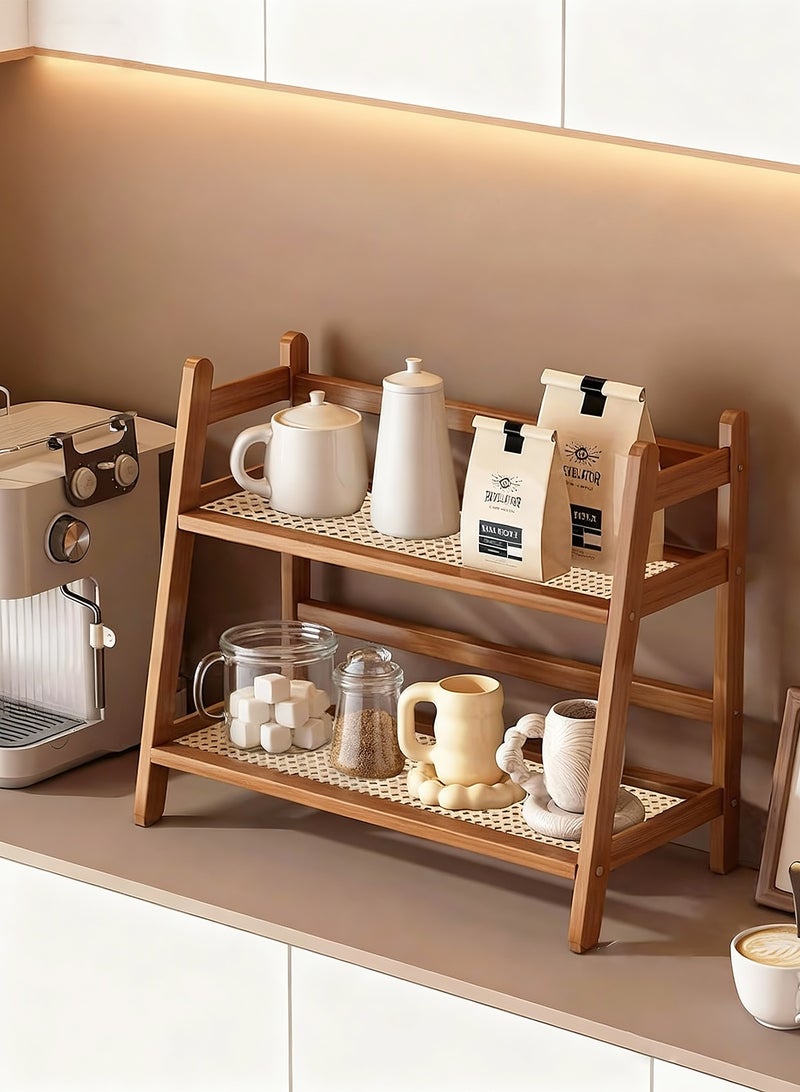 هومار كيت منظم لمحطة القهوة بمظهر خوص من طبقتين، حامل أكواب من الخيزران على سطح الطاولة، رف لطاولة المطبخ لإكسسوارات بار الشاي والقهوة، حامل ماتشا، عرض الأكواب، رف تخزين التوابل - Image 1