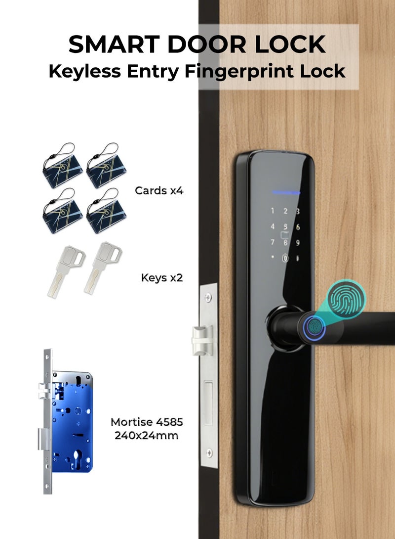 Smart Door Lock with Saudi Standard Mortise 4585, Keyless Entry Fingerprint Lock with Handle/Code/RFID/Key Entry, Aluminum Alloy Body & Multi-Alarm Blocks Thief Break-Ins, AA Battery Slot, Secure Deadbolt for Home/Apartment/Office (2 Keys, 4 Cards) - Image 1