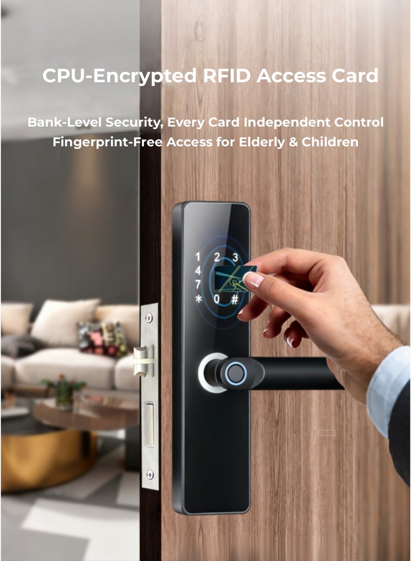 Smart Door Lock with Saudi Standard Mortise 4585, Keyless Entry Fingerprint Lock with Handle/Code/RFID/Key Entry, Aluminum Alloy Body & Multi-Alarm Blocks Thief Break-Ins, AA Battery Slot, Secure Deadbolt for Home/Apartment/Office (2 Keys, 4 Cards) - Image 3