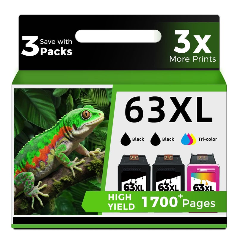 Ubinki 63XL Ink Cartridge Combo Pack (2 Black and 1 Color, 3-Pack) Replacement for HP Ink 63 XL HP63 to Envy 4520 4512 4510 Officejet 4650 5258 5200 3830 5255 4655 4652 5252 Deskjet 3630 3632 2132 Printer - Image 1