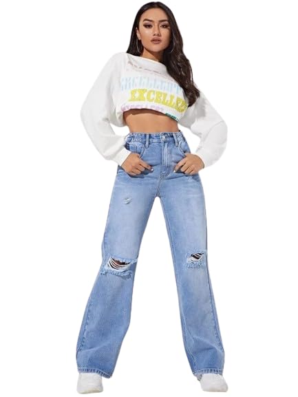 YAGNAPURUSH Women's & Girls Solid Ripped Denim High Waist Wide Leg Jeans Pants (Sky Blue, 32) - Image 2