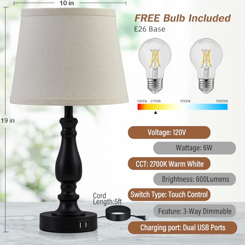 EJIAXIN Lamps for Bedroom Set of 2,Touch Bedside Table Lamp with USB C+A Ports,Dimmable Nightstand Lamps with Round Fabric Linen Lampshade for Living Room Reading Bed Side End Table,Bulbs Included - Image 4
