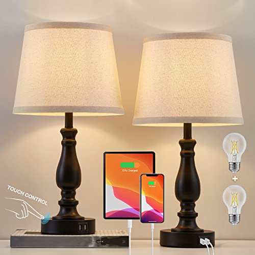 EJIAXIN Lamps for Bedroom Set of 2,Touch Bedside Table Lamp with USB C+A Ports,Dimmable Nightstand Lamps with Round Fabric Linen Lampshade for Living Room Reading Bed Side End Table,Bulbs Included - Image 1
