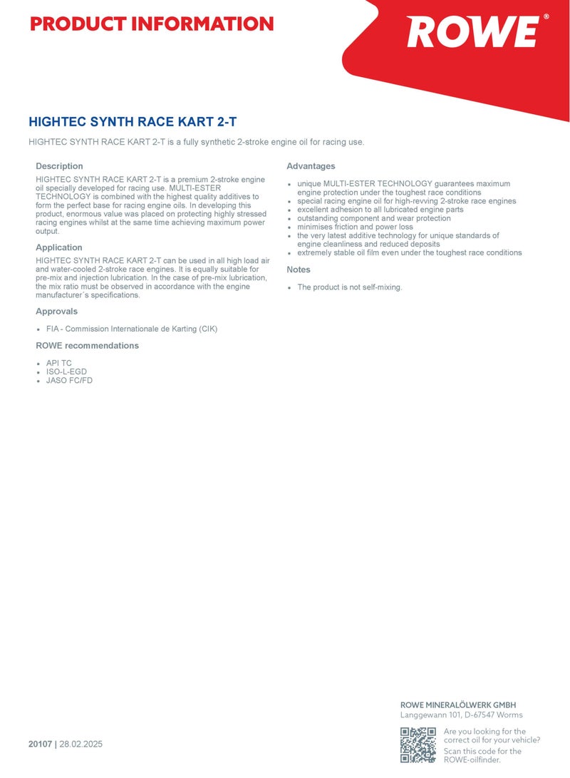 ROWE HIGHTEC SYNTH RACE KART 2-T -1 Ltr.( Fully synthetic MULTI-ESTER TECHNOLOGY 2-stroke engine oil developed for racing use- Made In Germany.  - Image 4