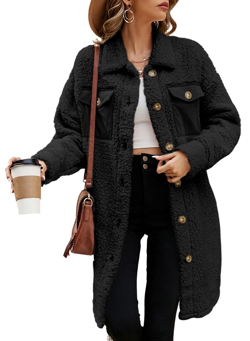 EVALESS Fuzzy Fleece Black Jackets for Women Fashion Button Down Lapel Long Teddy Coat Fall 2025 Concert Outfits Trendy Long Sleeve Jacket Faux Fur Warm Winter Outwear with Pockets Medium