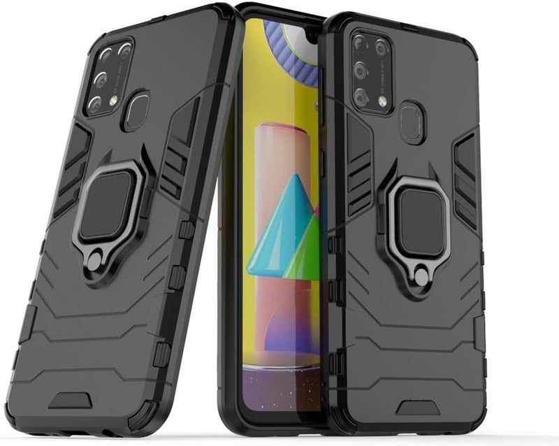 مايجين جراب متوافق مع Galaxy M31، حامل حلقي معدني مع مصد يعمل مع حامل سيارة مغناطيسي، غطاء متين مزدوج الطبقات لهاتف Samsung Galaxy M31 باللون الأسود - Image 1