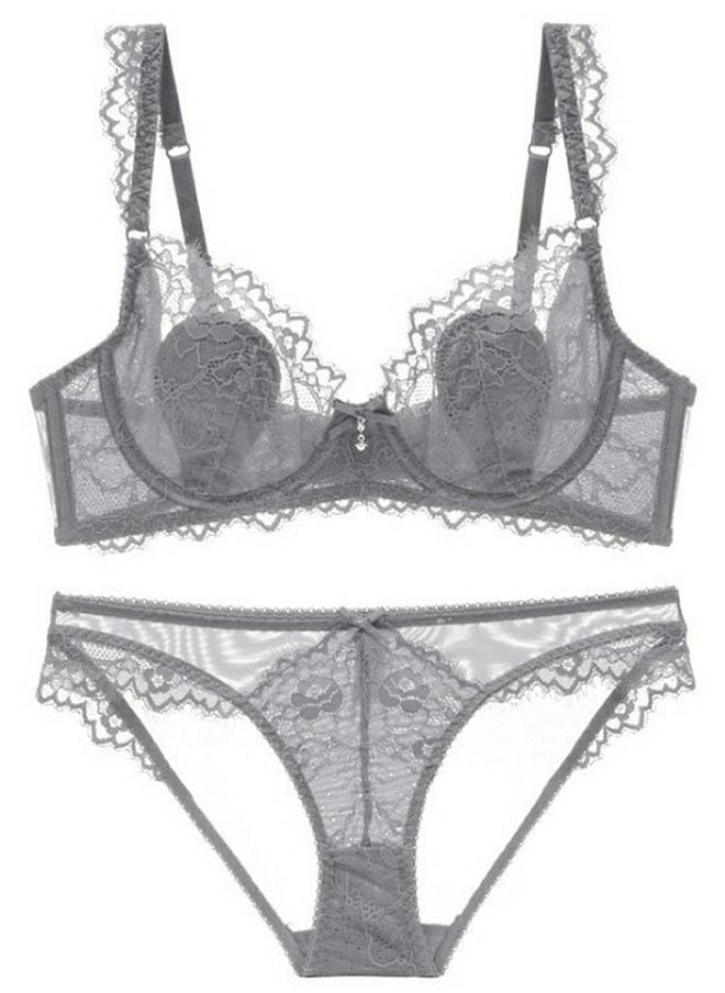 Loquat - Comfy Ultra Thin Cup Lace Bra And Panty Set Grey - Image 1