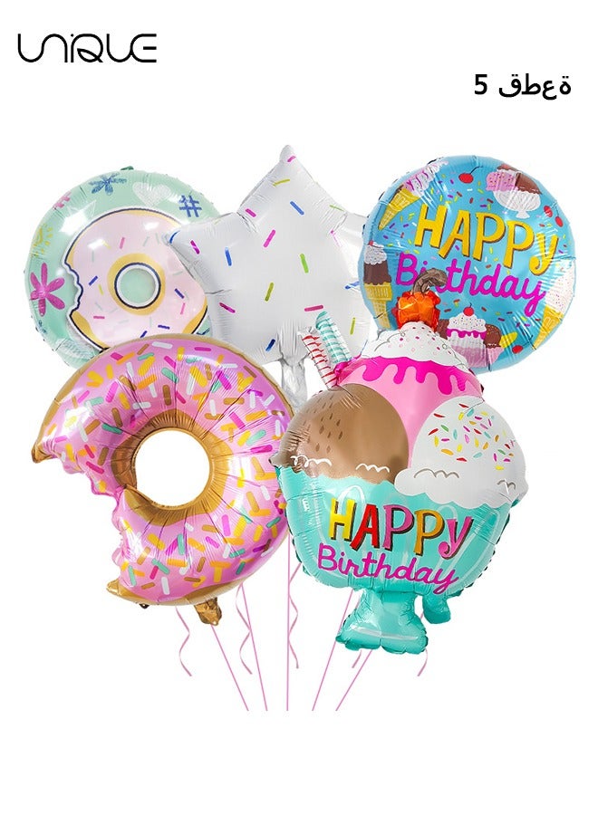 Unique 5Pcs Birthday Party Decorations, Donut Birthday Party Decorations for Girls,  Sweet Donut Ice Cream Foil Balloons, Donut Party Decorations, Happy Birthday Decorations,  Party Supplies  - Image 1