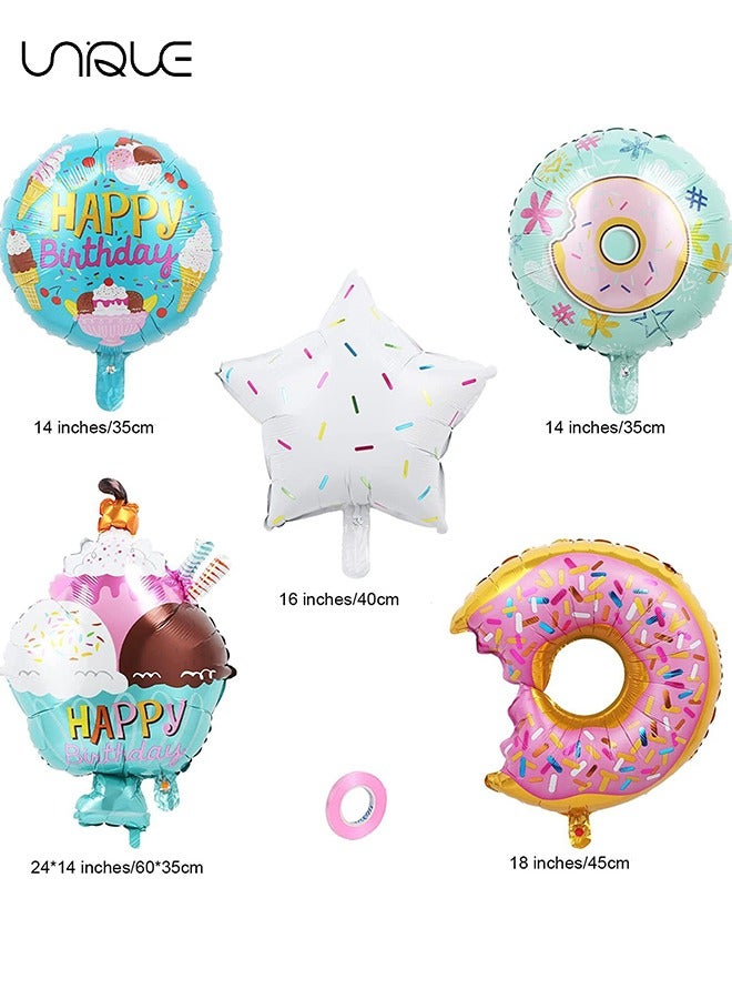 Unique 5Pcs Birthday Party Decorations, Donut Birthday Party Decorations for Girls,  Sweet Donut Ice Cream Foil Balloons, Donut Party Decorations, Happy Birthday Decorations,  Party Supplies  - Image 2