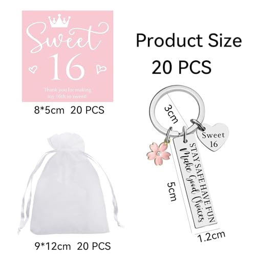 JDRGJTH 20 Sets Sweet 16 Keychain Party Favor Set Sweet 16th Birthday Gift Keychain Pink Cardstock Tag Organza Bag for Sweet 16 Birthday Gift Souvenir Themed Party Decorations - Image 2