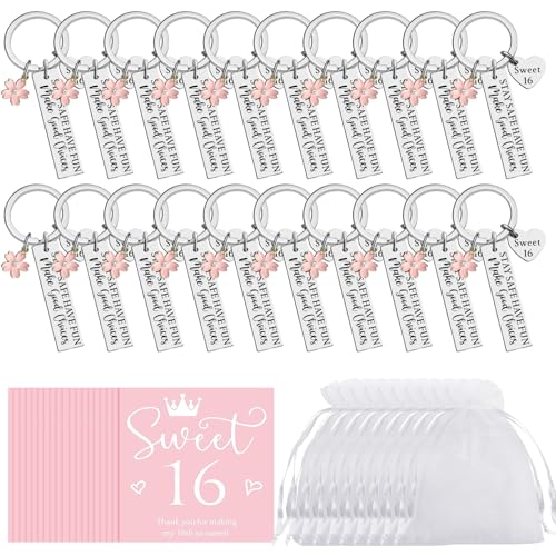 JDRGJTH 20 Sets Sweet 16 Keychain Party Favor Set Sweet 16th Birthday Gift Keychain Pink Cardstock Tag Organza Bag for Sweet 16 Birthday Gift Souvenir Themed Party Decorations - Image 1