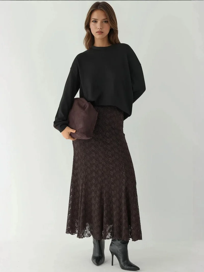 HICCUP Chestnut Brown High Waist Lace Maxi Skirt for Women | Best Price UAE