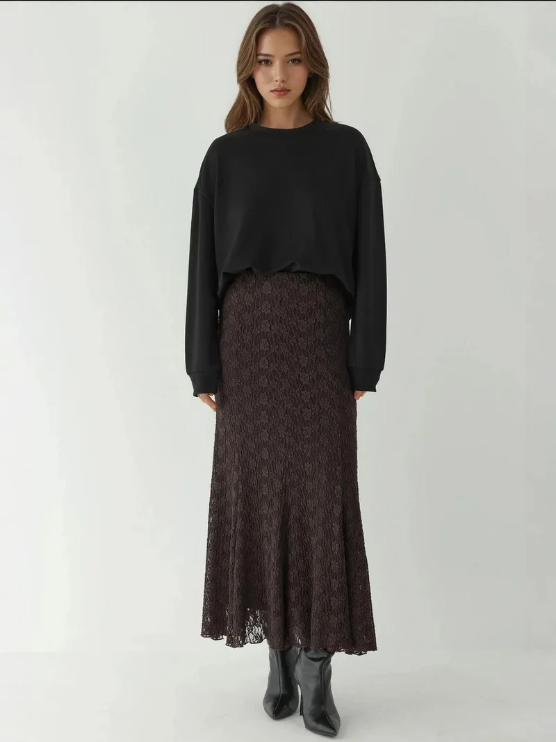 زوبعة تنورة ماكسي دانتيل بخصر عالٍ