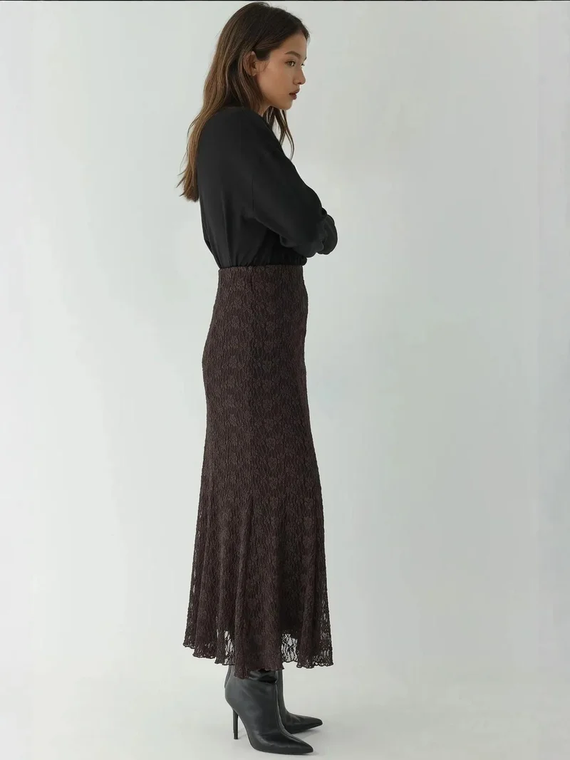 HICCUP Chestnut Brown High Waist Lace Maxi Skirt for Women | Best Price UAE