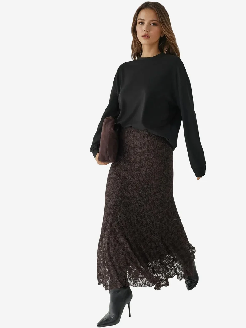 Hiccup Chestnut Brown High Waist Lace Maxi Skirt for Women | Best Price UAE