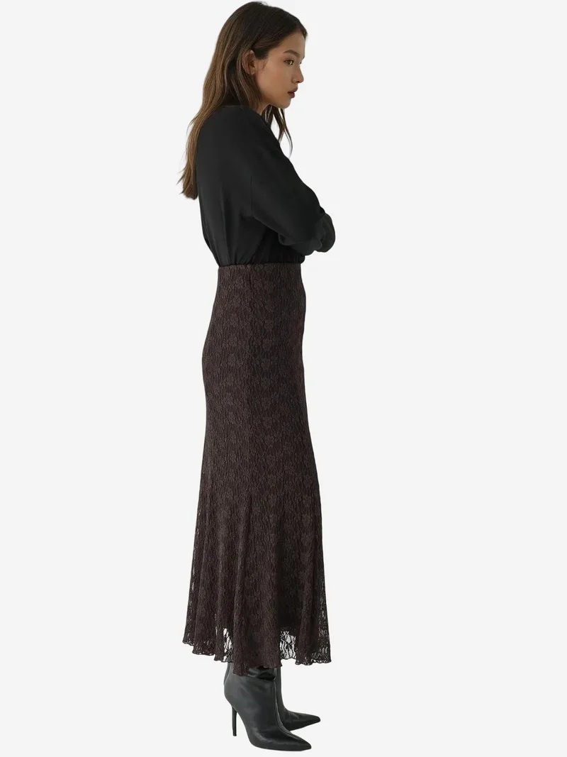 Hiccup Chestnut Brown High Waist Lace Maxi Skirt for Women | Best Price UAE