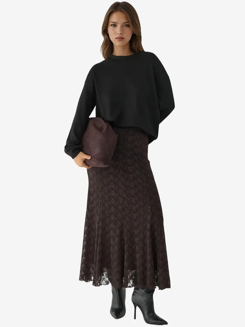 Hiccup Chestnut Brown High Waist Lace Maxi Skirt for Women | Best Price UAE