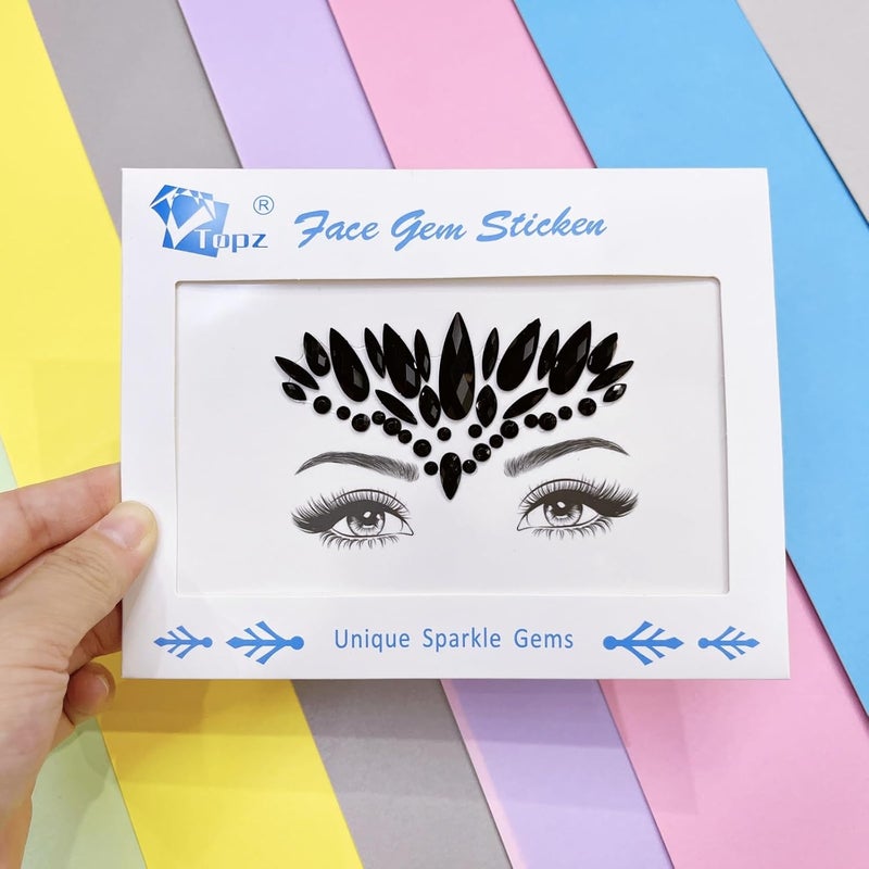 TOPAZ face Jewels for Makeup Black face gems 3D Rhinestone Tattoo Sticker Mermaid Eye Tattoo Body Jewels for Forehead Rave Outfit (black/SR09)