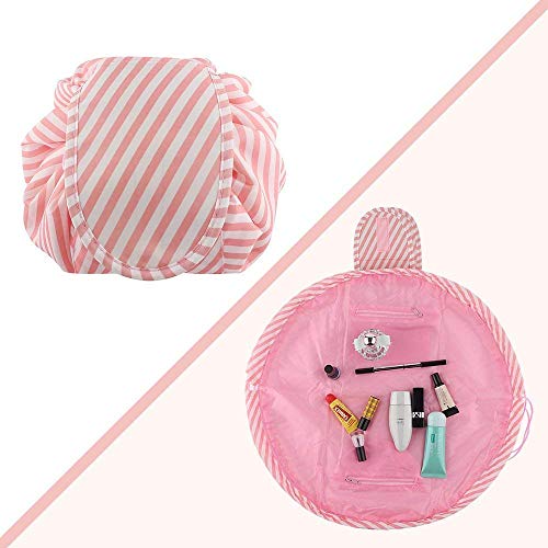 Nirvik Women’s Waterproof Travel Cosmetic & Toiletry Bag | Multifunction Portable Makeup Organizer with Drawstrings, Lazy Travel Storage Pouch (Pink Line) - Image 5