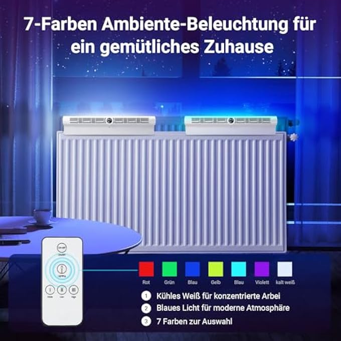RADIATOR FAN WHITE - ENERGY-EFFICIENT HEAT DISTRIBUTOR WITH 6 FANS, AUTOMATIC ON/OFF FUNCTION, 3-LEVEL CONTROL, RGB LED AND REMOTE CONTROL FOR FAST HEAT DISTRIBUTION - Image 3