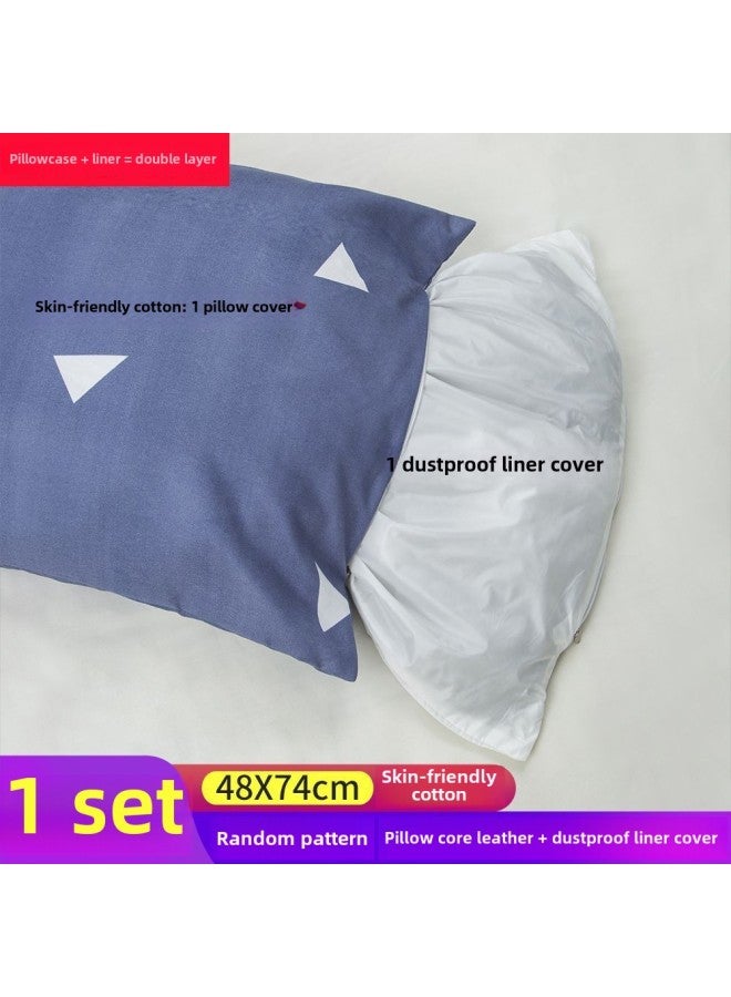 Pure Cotton Pillow Inner Pillow Inner Pillow Inner Pillow Cover Pair Of Dust-proof Pillow Inner Leather Filled With Artemisia Cashmina Household Cervical Pillow-Color:Random Flower Pillowcase + Encrypted Dustproof Liner Cover-Specifications:40x60 Inner Tank Is Dustproof And Dustproof  - Image 1