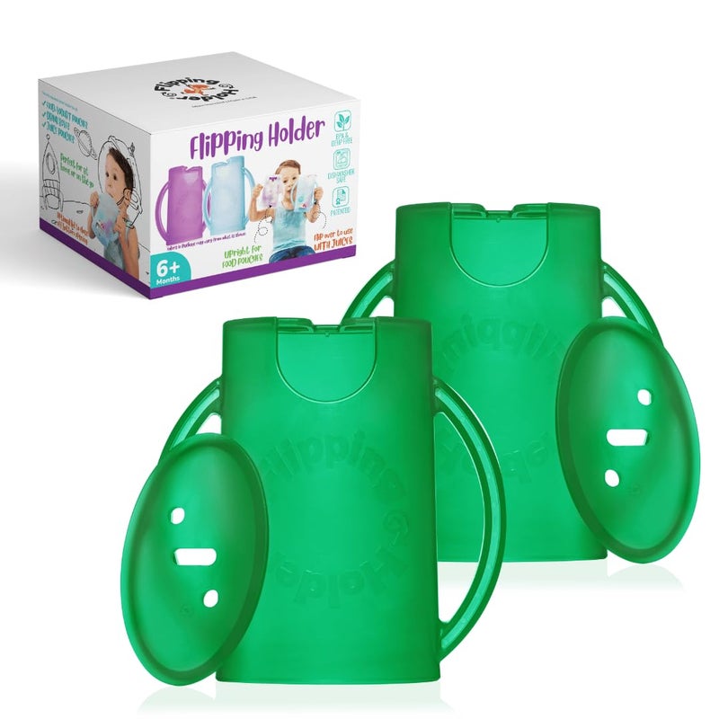 Flipping Holder حامل أكياس الطعام المضادة للضغط للأطفال، الرضع، والأولاد، حامل مشروبات عصير بدون ضغط وحامل وجبات خفيفة من صلصة التفاح مع مقابض سهلة الإمساك وغطاء - Image 1